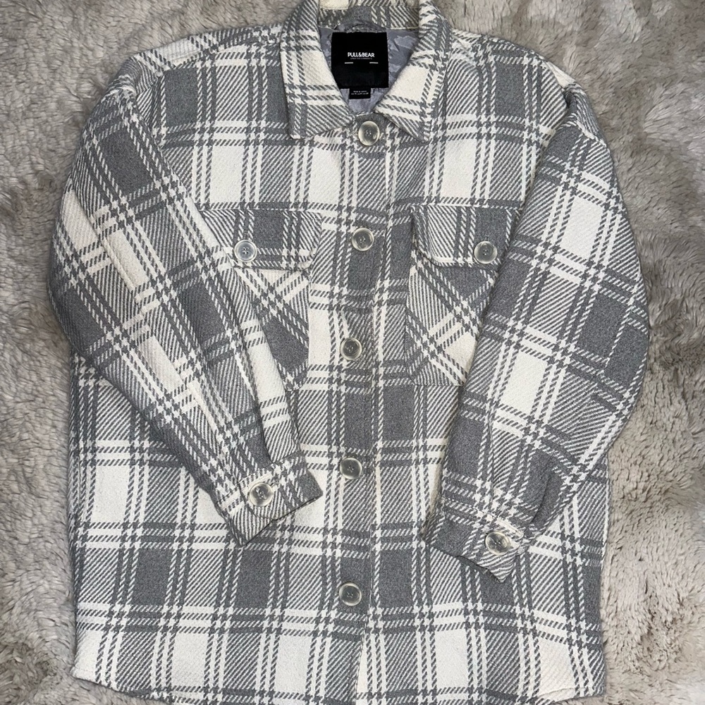 Pull&Bear Gray and White Plaid Jacket